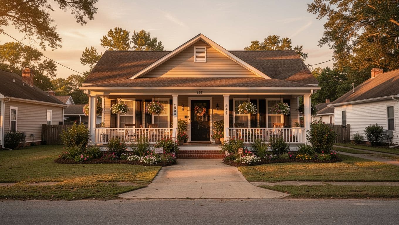 Cozy one-story bed and breakfast house exterior in a quiet small-town Alabama neighborhood at golden hour sunset, featuring a porch with flowers and a driveway, branded with a bold 'Fayette Stays' headline on a green band.