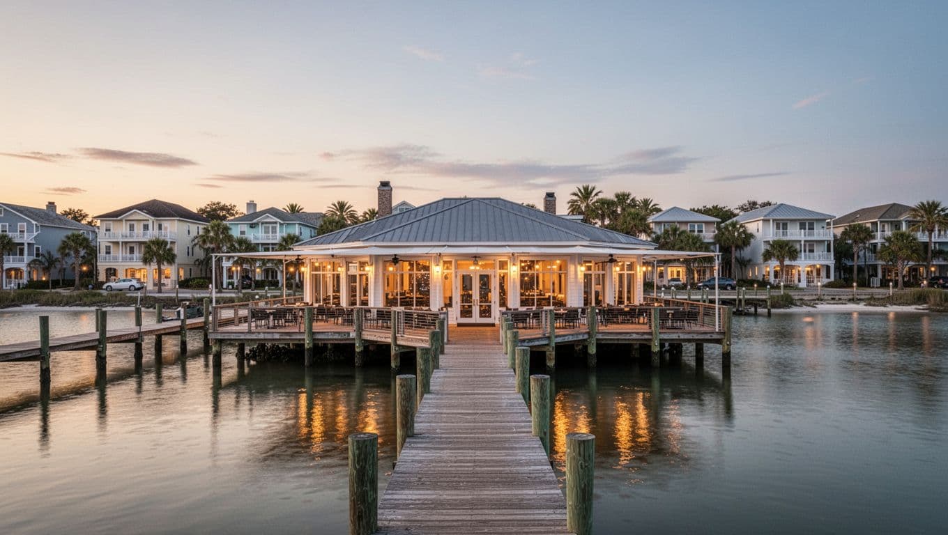 Restaurant exterior on Mobile Bay at dusk with calm water, dock in foreground, lit windows, empty patio.
