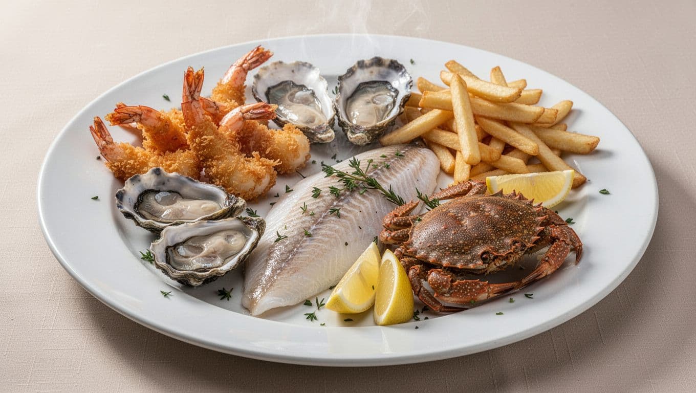 Top-view closeup of seafood platter with fried shrimp, oysters, whitefish fillet, softshell crab, fries, lemon wedges, and Menu Highlights banner.