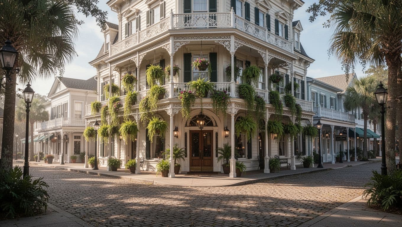 Photorealistic exterior of a boutique hotel on Fernandina Beach main street, showcasing Victorian architecture, hanging plants, quiet street in morning light with soft shadows, focused on entrance, no people or cars. Features a green horizontal top band with 'Historic Inns' headline in bold sans-serif Title Case.