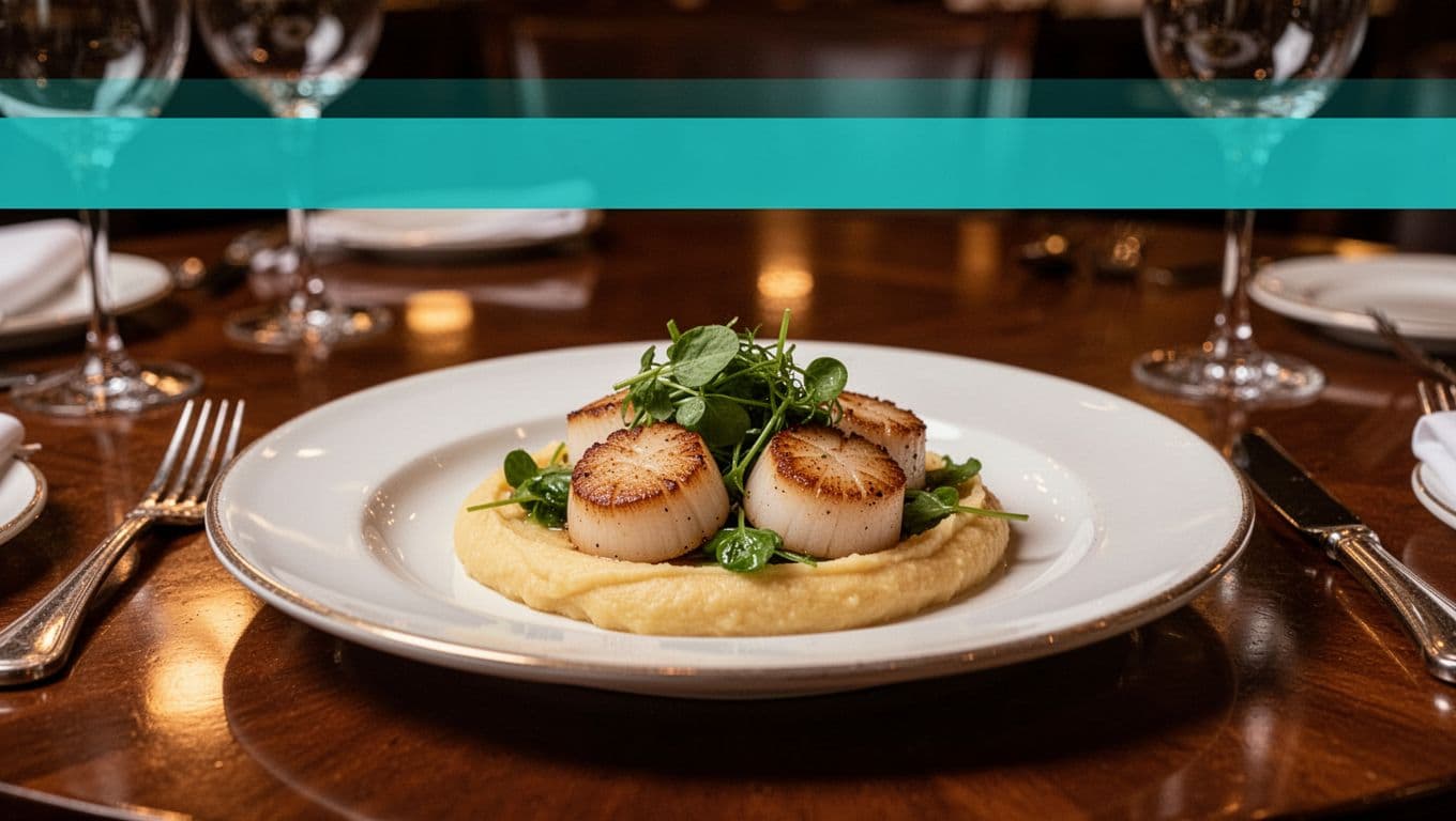 Green band with 'Fine Dining' headline above centered plate of seared scallops on rutabaga puree and greens in upscale restaurant.