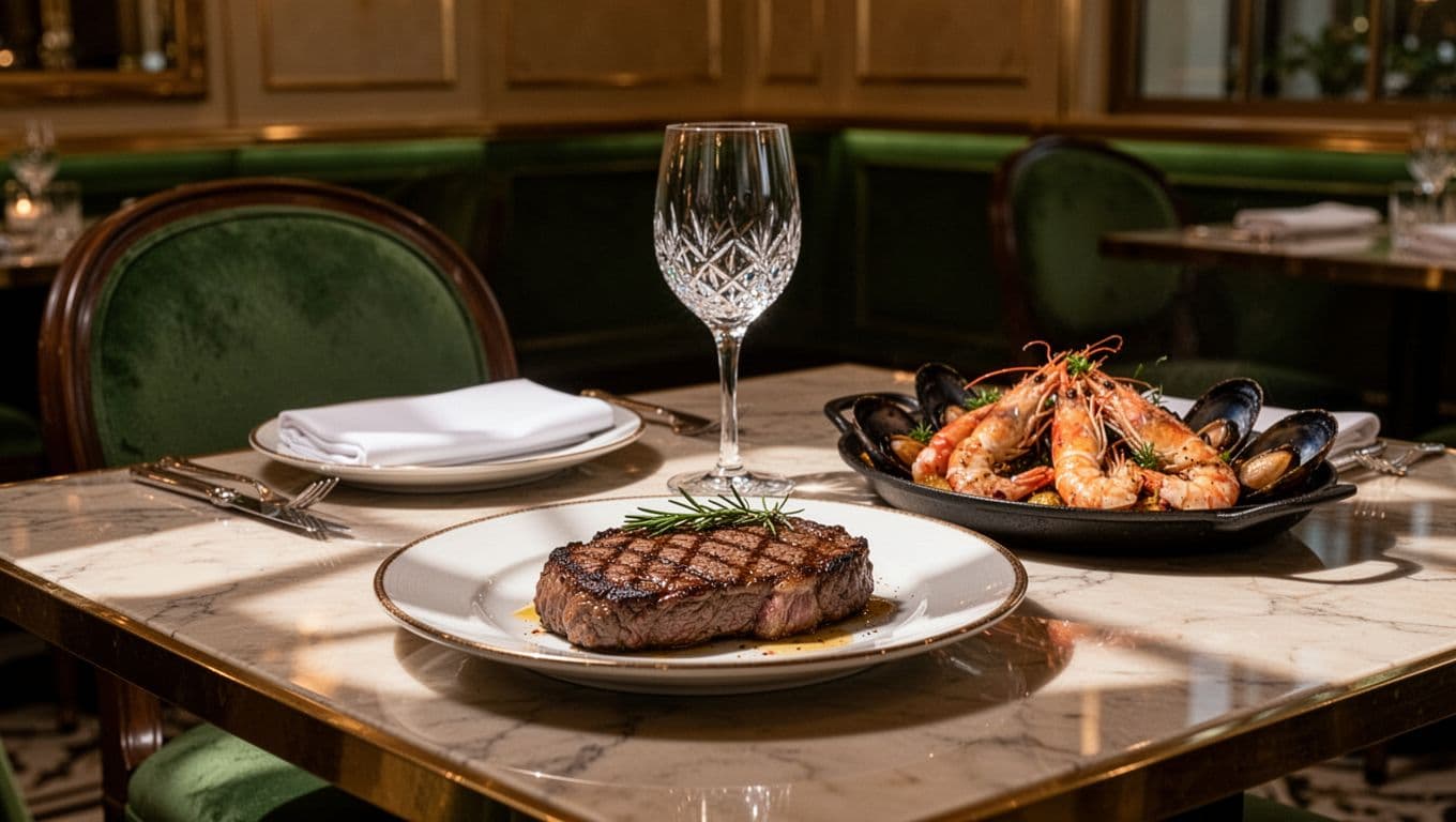 Elegant fine dining table in an upscale restaurant featuring wood-fired steak and seafood plate with wine glass, under warm ambient lighting and soft shadows. Bold 'Fine Dining' headline on a green accent band enhances the high-contrast editorial style.
