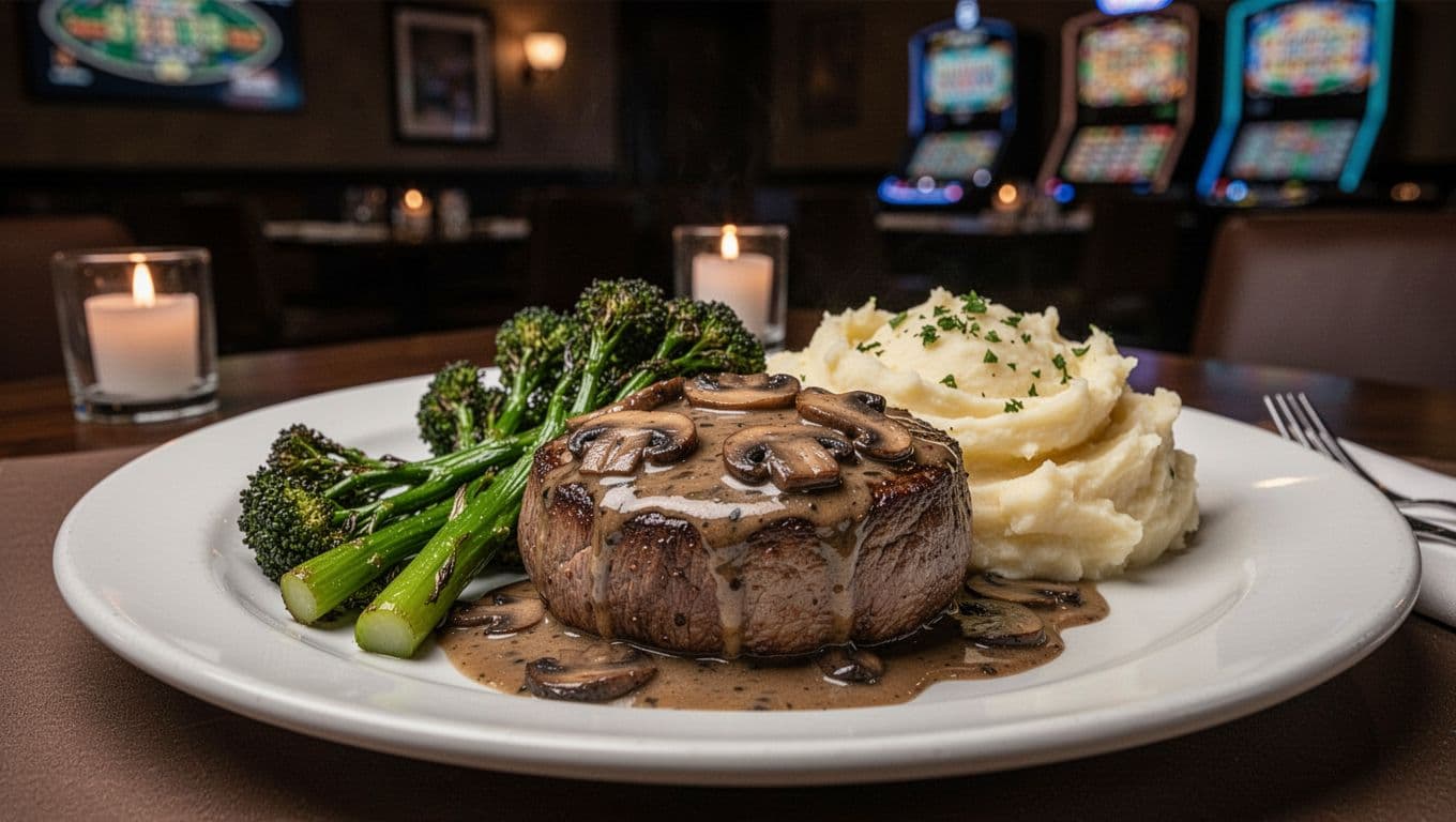 Filet mignon with mushroom sauce, roasted broccolini, and garlic mashed potatoes on white plate under green 'FIRE Choice' band in moody candlelight.