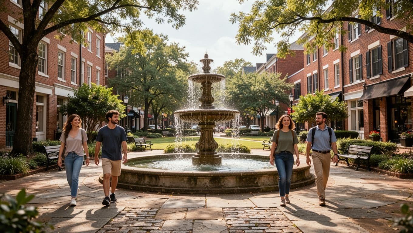 Daytime fountain circle in Five Points South with historic buildings, eateries, greenery, five people walking, bench, trees, and green top band reading 'Five Points'.