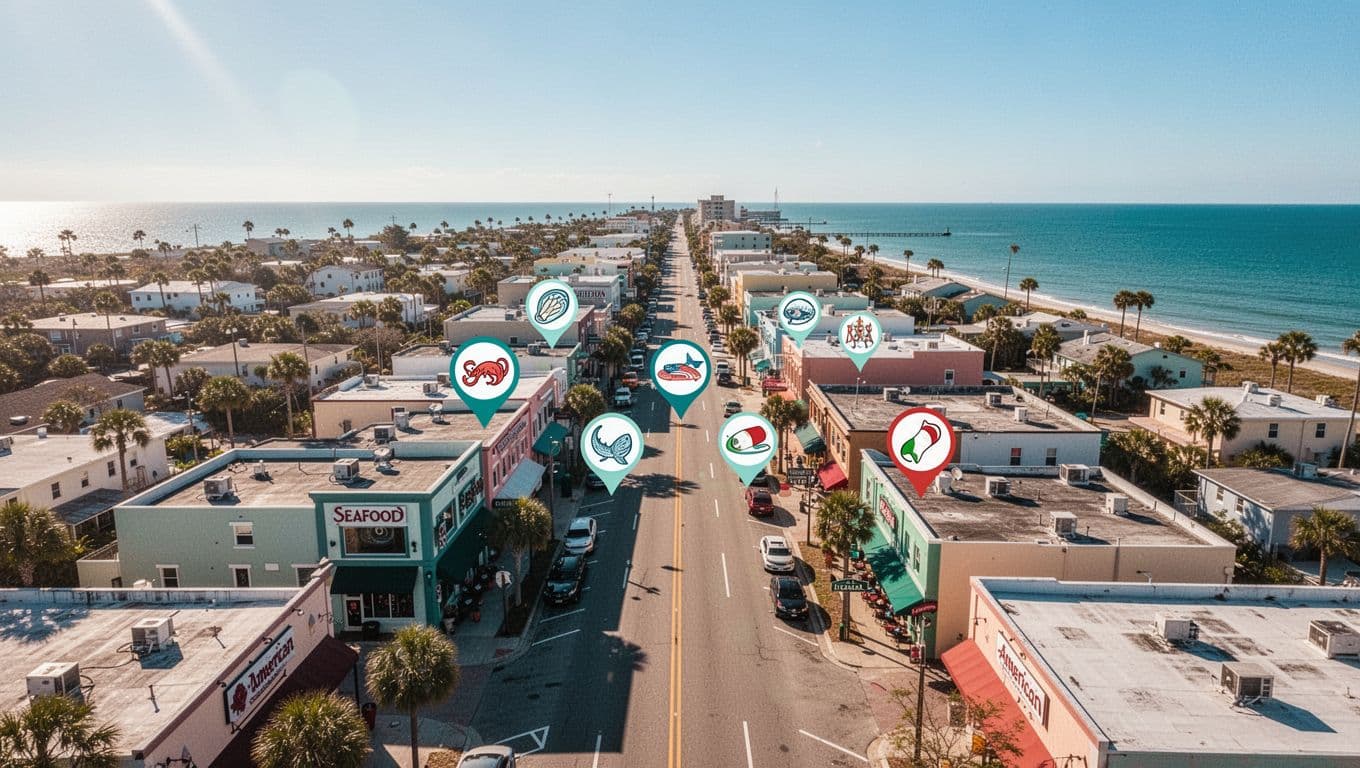 Overhead aerial map of Foley, Alabama dining area featuring pins on top coastal road restaurants for seafood, American, and Italian cuisine, sunny blue sky, centered on Baldwin County spots in bold editorial style with 'Dining Map' headline.