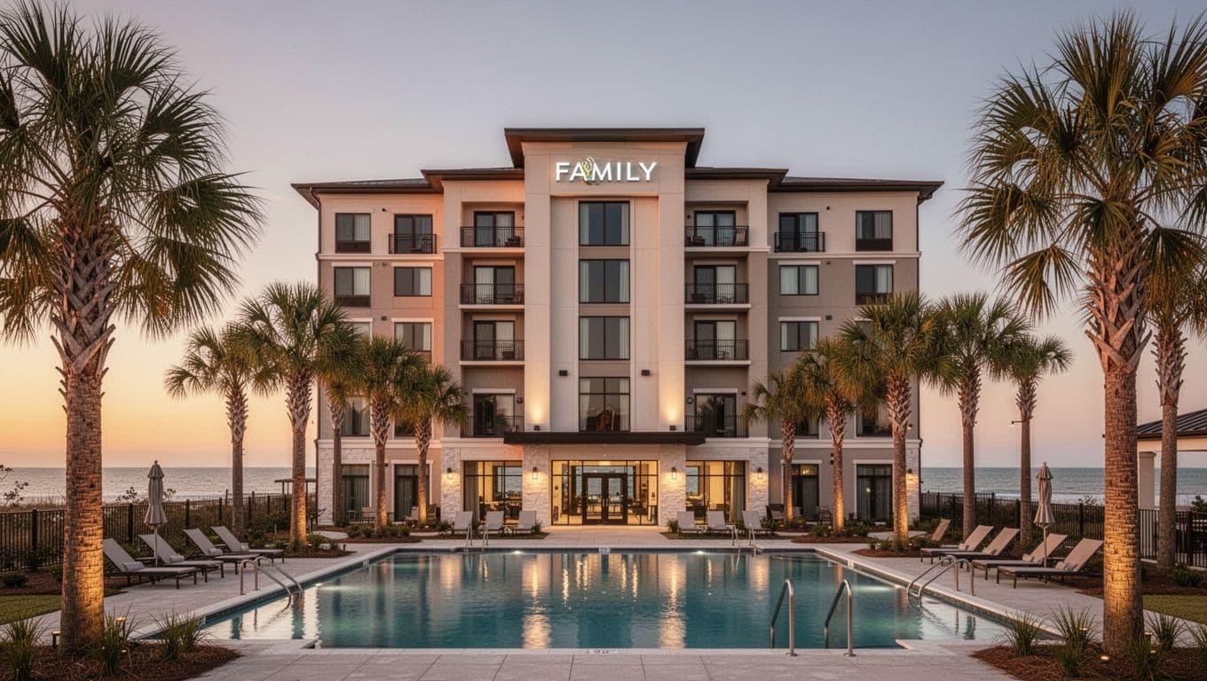 Exterior of a modern family hotel in Foley, Alabama, at dusk featuring palm trees and a pool in the foreground, with a beach town ocean hint in the background. Photorealistic golden hour lighting, branded with 'Family Hotels' headline in editorial style.