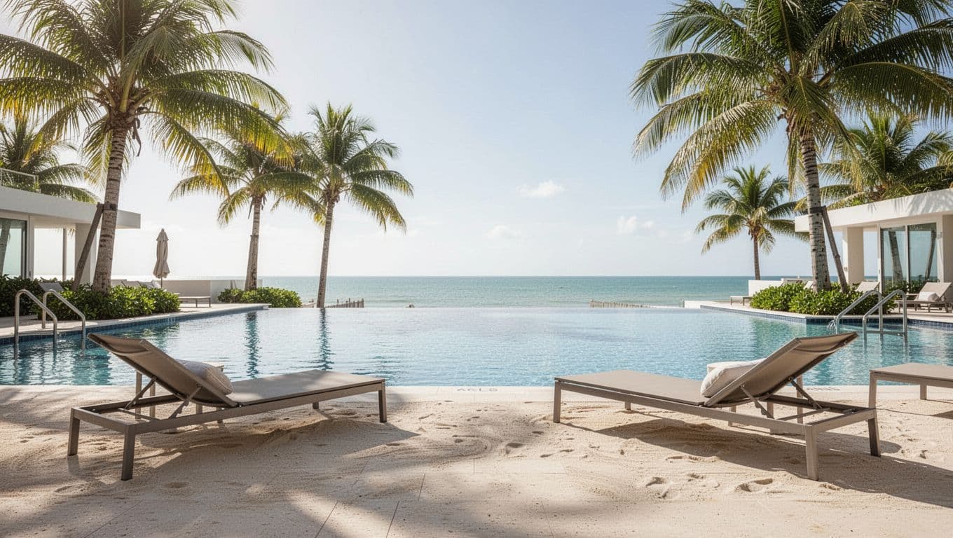 Photorealistic outdoor hotel pool area in Foley, Alabama, with lounge chairs around a blue pool, palm trees, sunny gulf coast vibe, and bold 'Key Amenities' headline in green band.