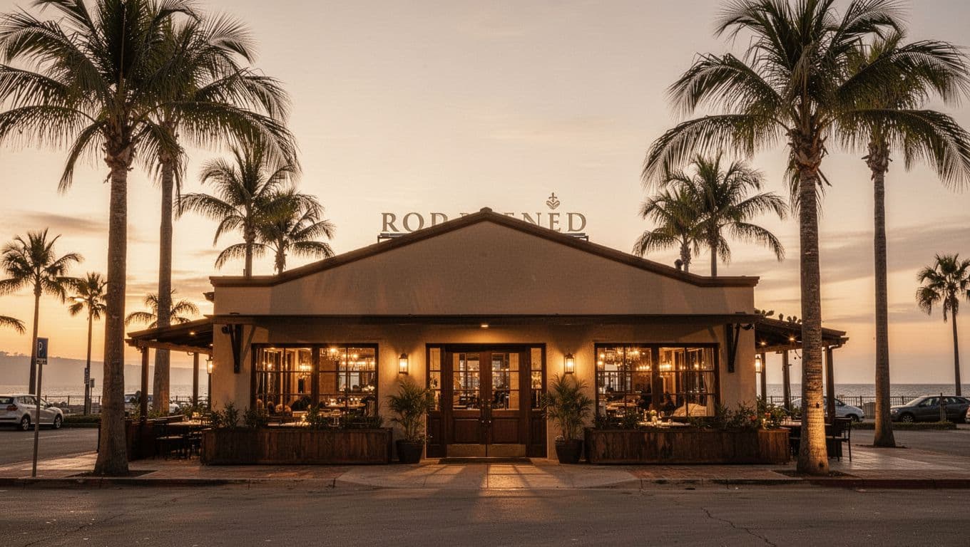 Cozy exterior of a popular Foley, Alabama restaurant at dusk, with warm lights glowing from windows, palm trees evoking a coastal vibe, and a bold 'Foley Gems' headline in a green band. Centered building facade in soft golden hour lighting highlights strong dining options.