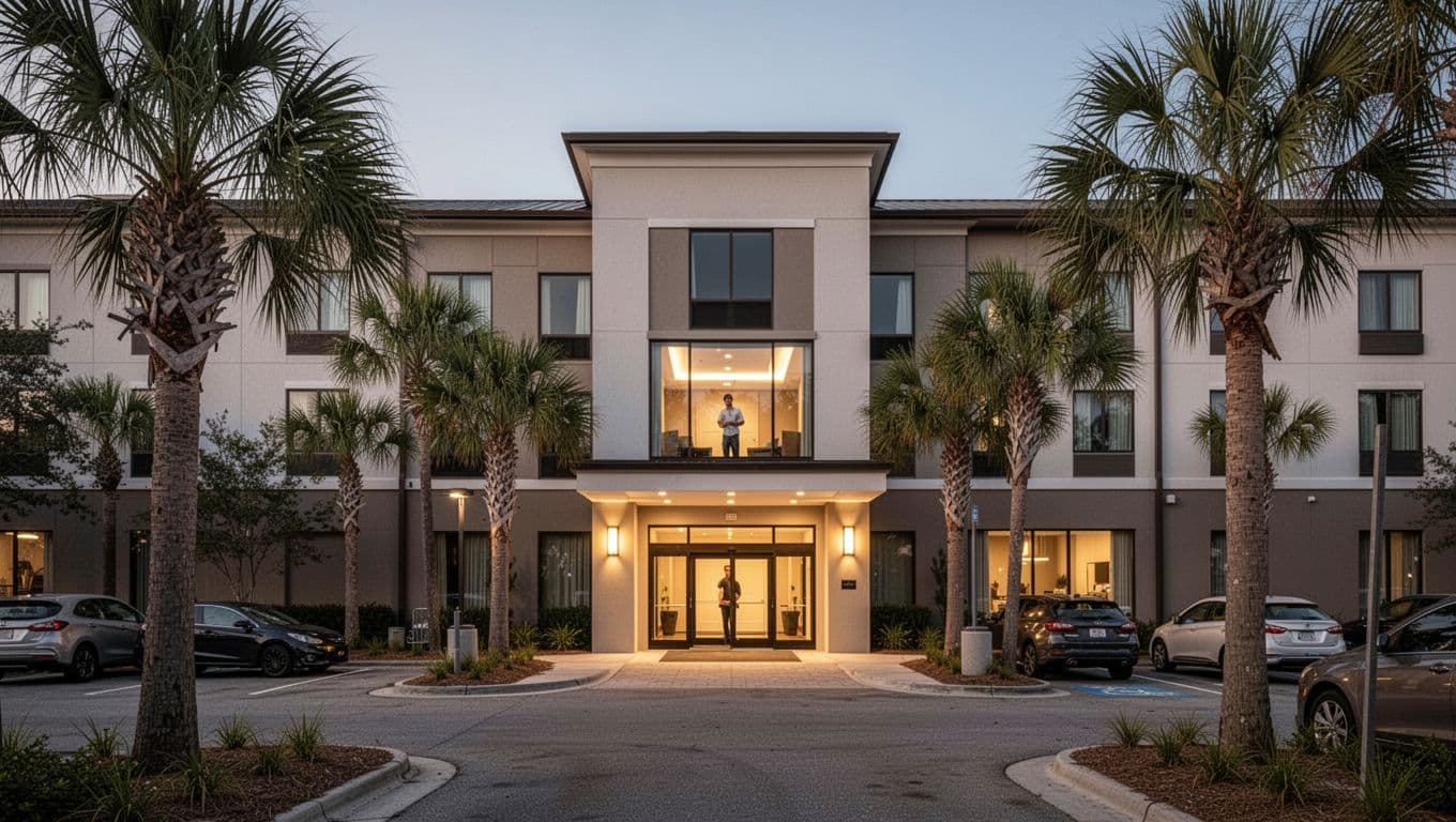 Exterior of a modern Foley Stays hotel in coastal Alabama at dusk, with palm trees, parking lot, welcoming entrance lights, and one person visible in the lobby window. Bold branded headline 'Foley Stays' in green band at top using high-contrast sans-serif typography.