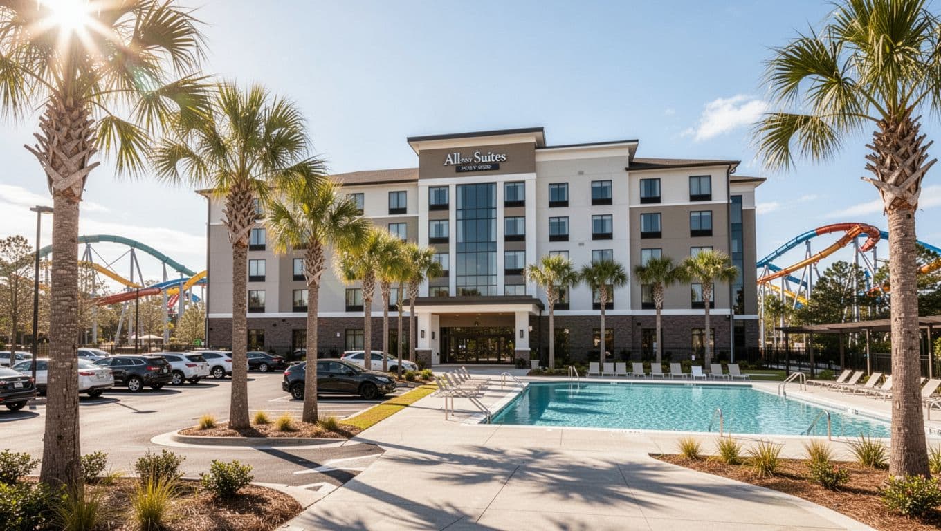 Modern hotel facade with pool area, entrance, palm trees, and parking lot on sunny day, green 'Foley Suites' band at top.