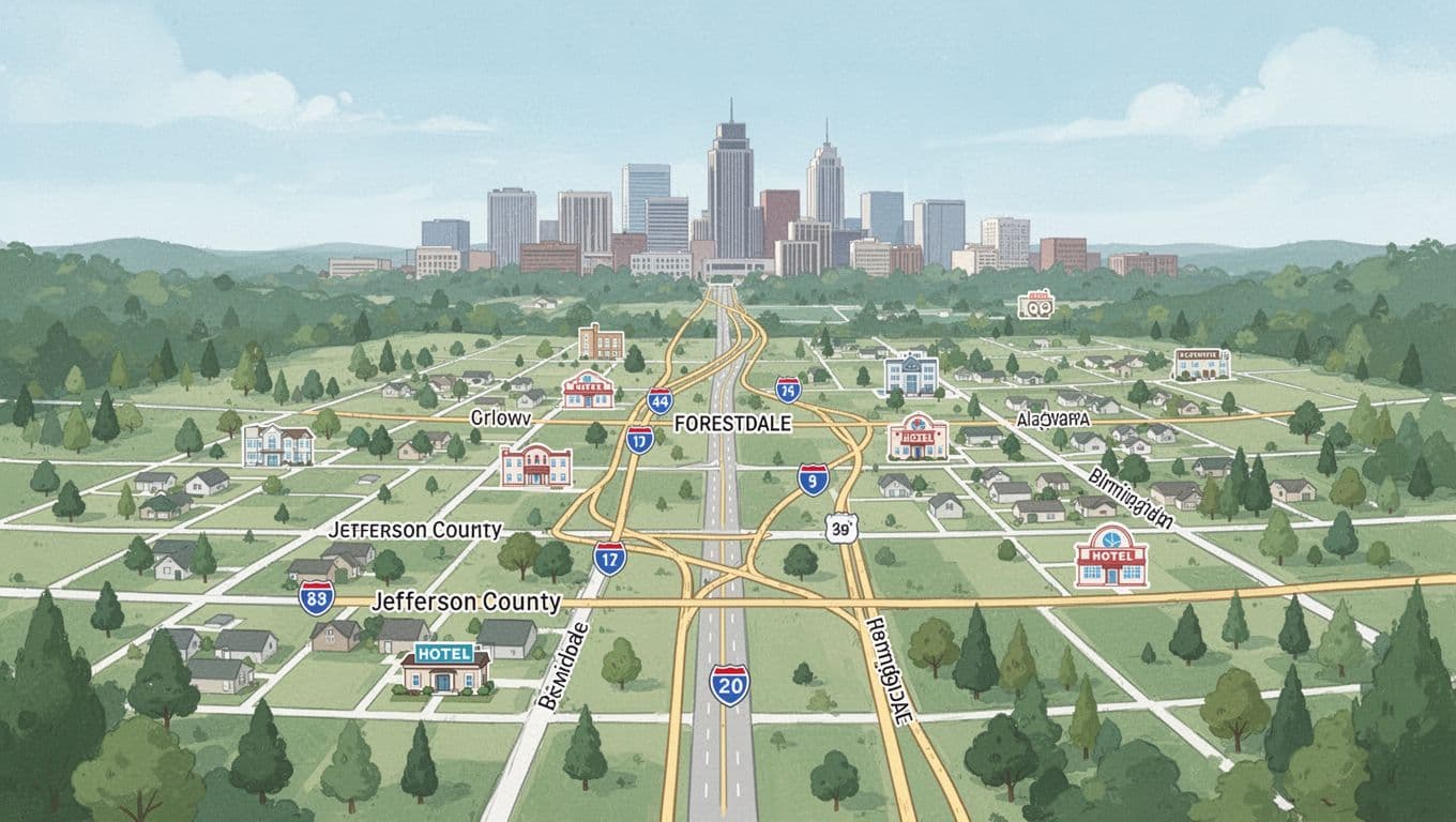 Illustrative map of Forestdale Alabama area showing Jefferson County roads and highways leading to distant Birmingham skyline, with green suburbs, forests, and hotel icons in a clean flat color graphic style under clear daytime sky.