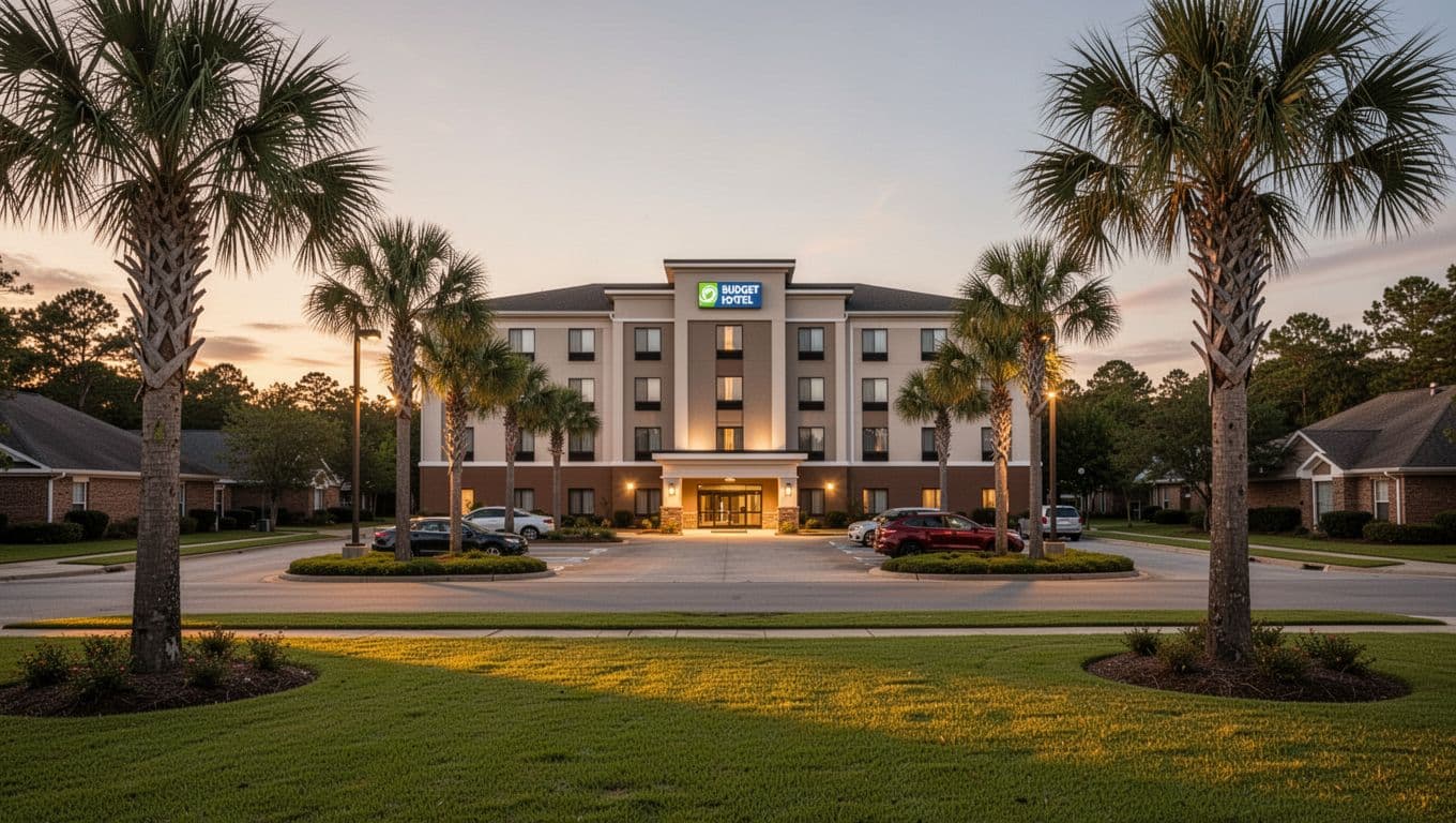 Exterior view of a modern budget hotel in a quiet suburban Alabama neighborhood at dusk, with palm trees, green lawns, parked cars, and warm golden hour lighting in a clean realistic photo style. Bold branded editorial overlay features the headline 'Top Forestdale Hotels' in a green horizontal band at the top.