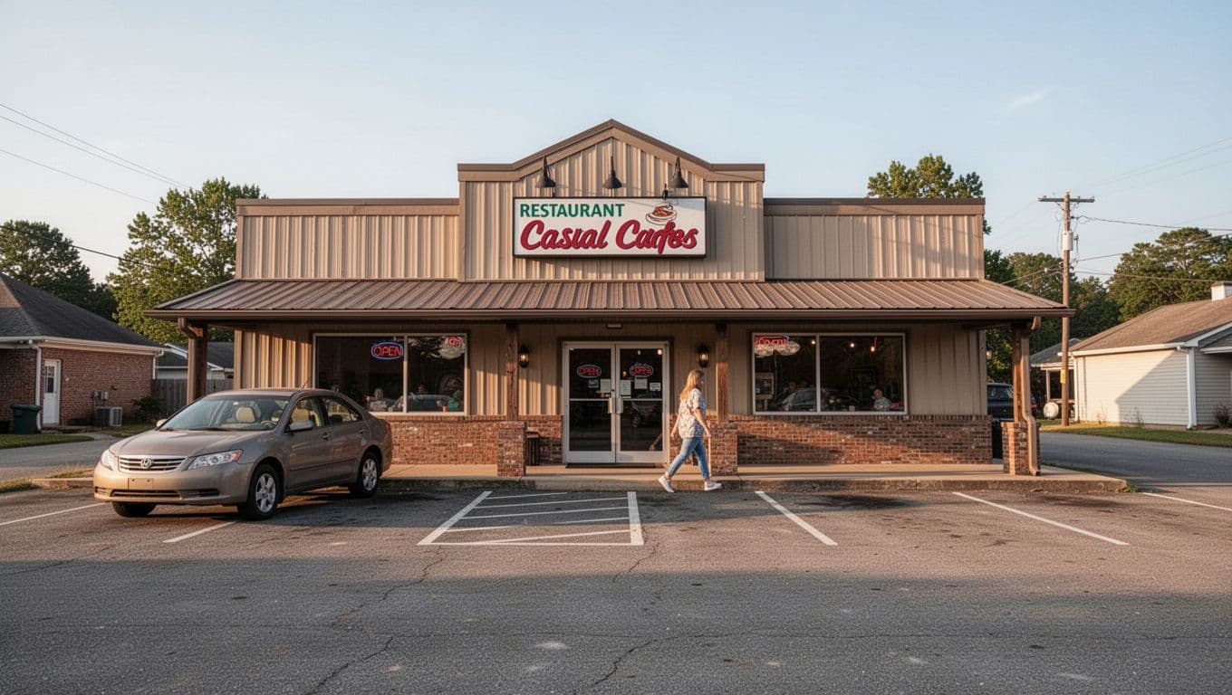 Casual Mexican restaurant building in small Alabama town, front entrance with parking lot, one parked car, person walking to door, clear daytime sky.
