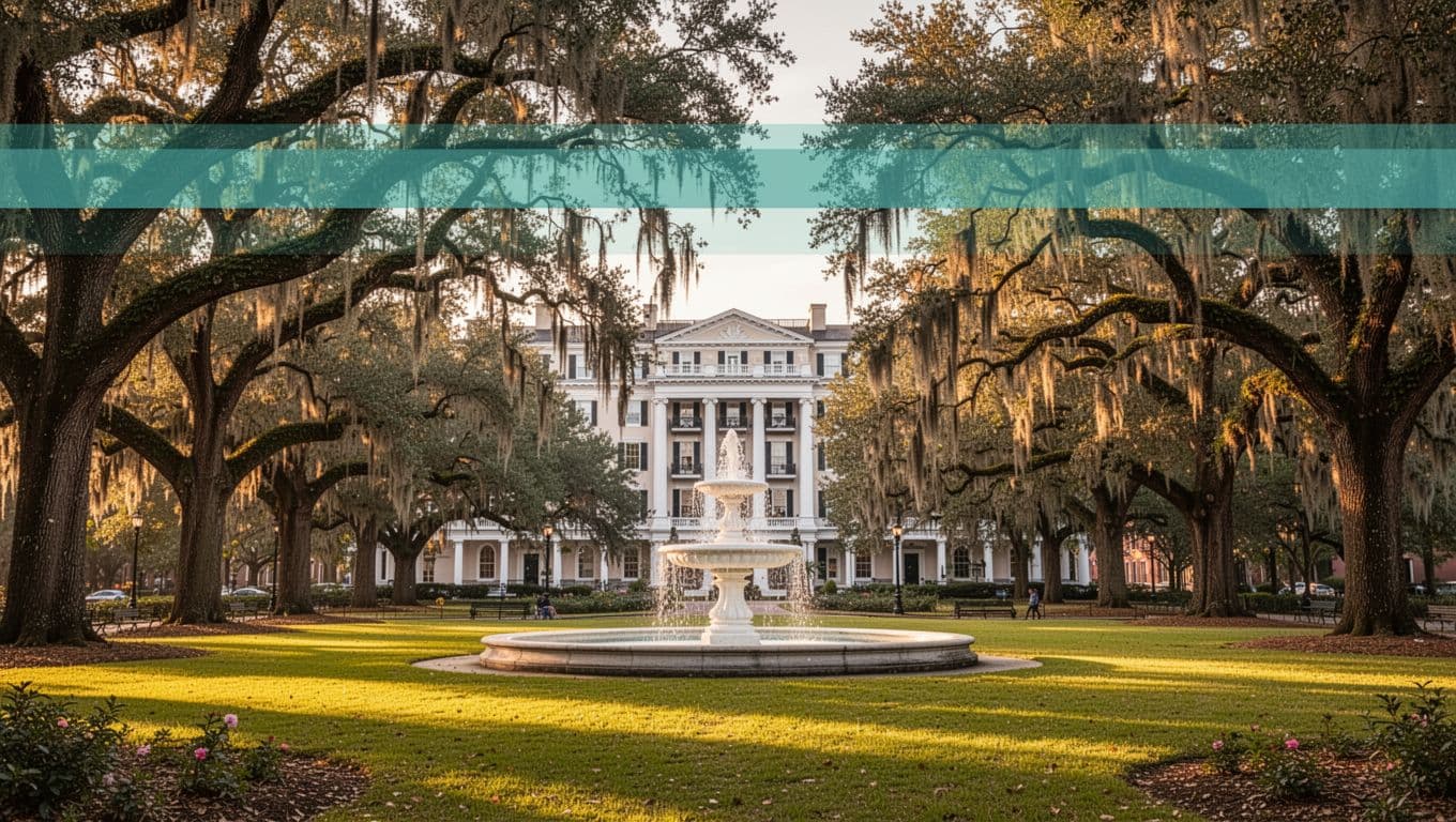 Iconic Forsyth Park in Savannah with tall moss-draped oaks and central white fountain, historic hotel facade across green lawn, warm golden hour lighting, branded with top green band headline 'Parkside Charm'.