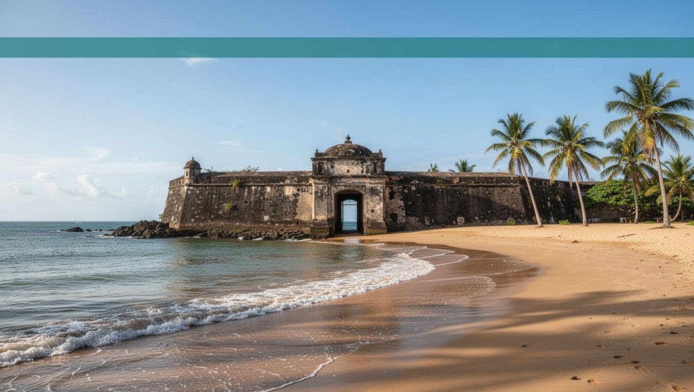 Realistic photo of Fort Clinch State Park beachfront showing calm ocean waves on sandy shore, palm trees, historic fort entrance as focal point under clear blue sky. Top green band features 'Parkside Stays' headline for hotel context.