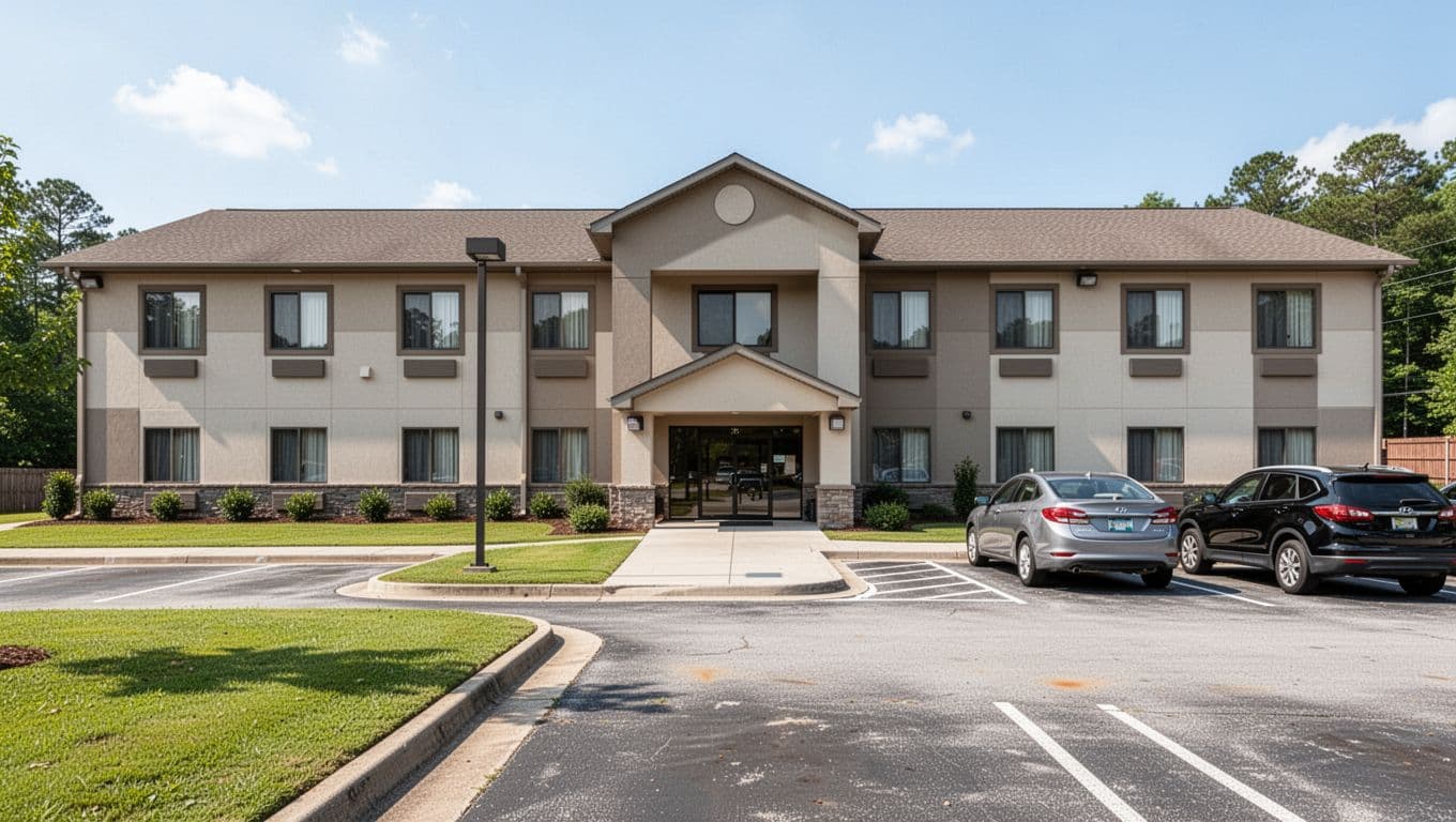 Modern budget hotel near Fort Payne Alabama on a sunny day showing front entrance parking lot clean facade signboard and green lawns with a green header band displaying BUDGET OPTIONS no people realistic photo.