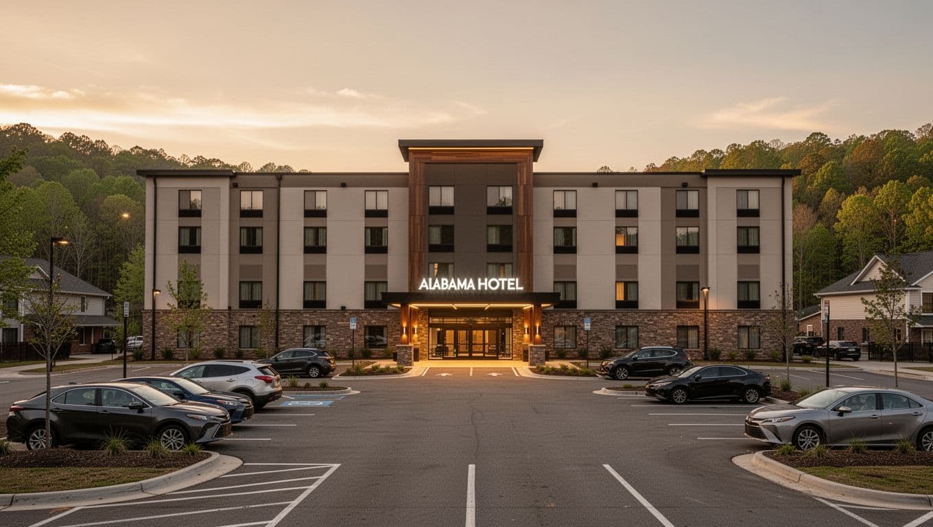 Photorealistic exterior of a modern hotel in Fort Payne near Alabama mountains, showing full building with lit entrance sign and parking lot with two cars during golden hour evening light, emphasizing easy access for hikers.