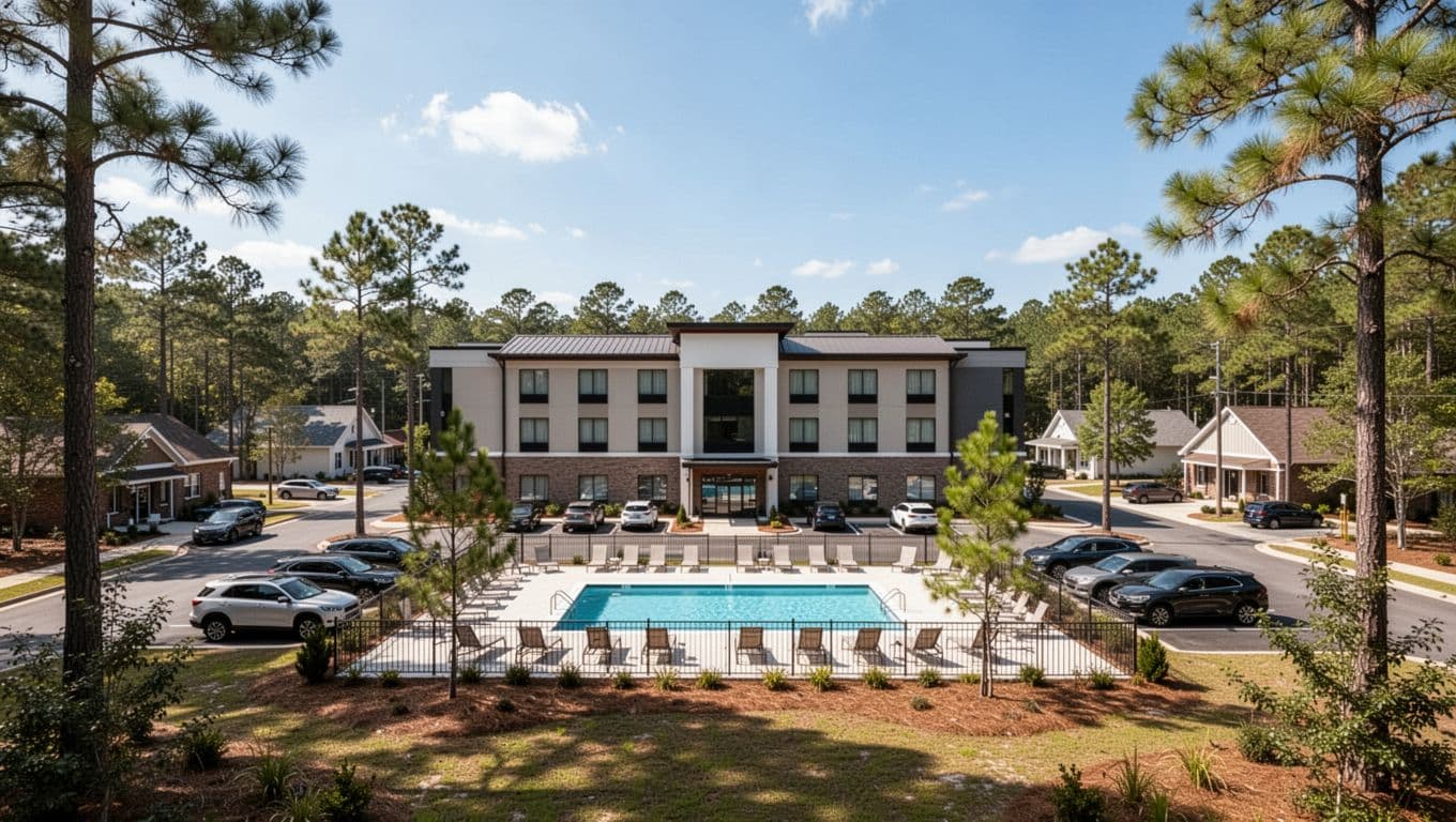 Modern two-story hotel exterior in Fort Payne, Alabama, with outdoor pool, pine trees, parking lot, and sunny blue sky in photorealistic style, topped with bold green 'Hotel Picks' header band.