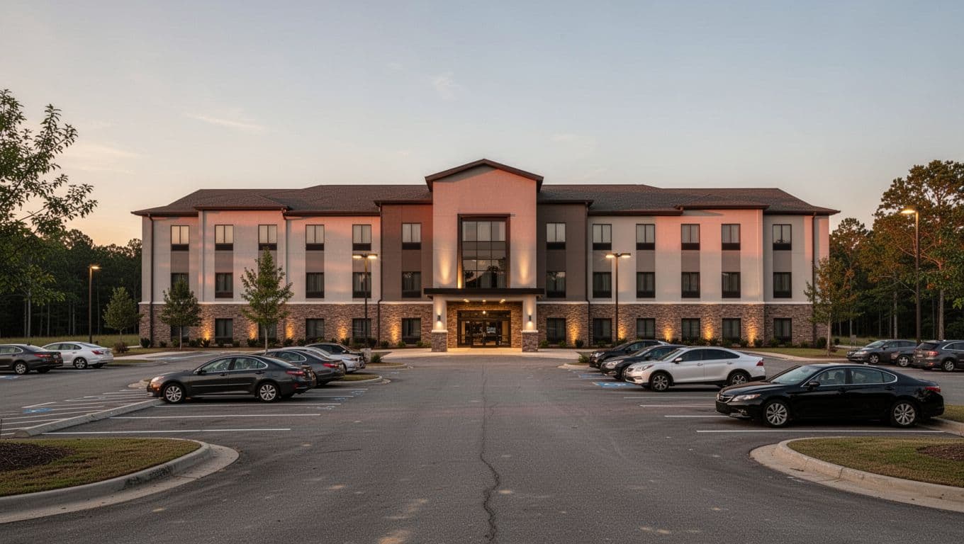 Exterior of a modern Quality Inn hotel in rural Alabama at dusk, with cars parked in the lot and a welcoming entrance illuminated by warm golden hour lighting. Features a bold 'Fort Payne Picks' headline in a green banner across the top.