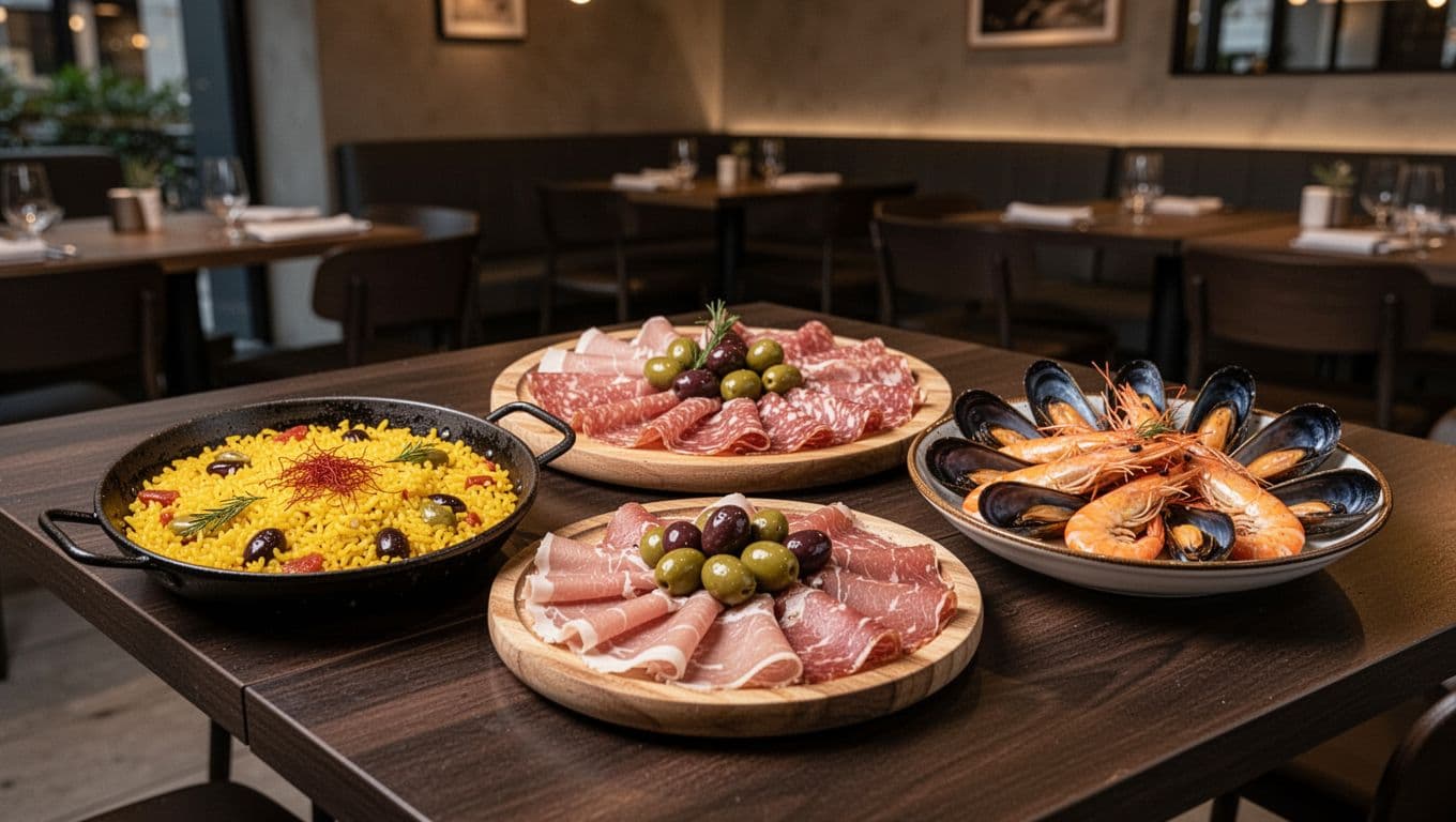 Paella, charcuterie, and seafood tapas plates on dark wooden table with Forte Tapas green header band.