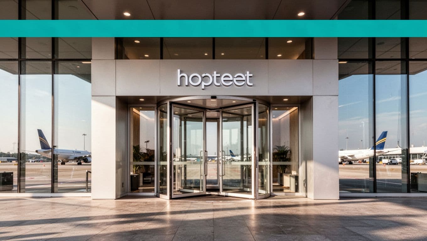 Modern hotel lobby entrance with glass doors and signage in the vicinity of Huntsville Airport, Alabama, against a clear sky background. Features a bold green top band with 'Airport Hotels' headline in precise typography, centered landscape composition.