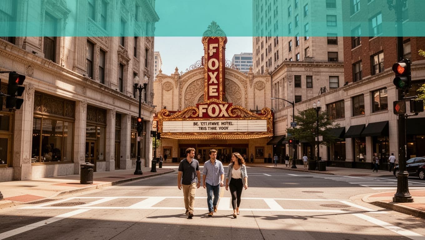 Vibrant daytime Midtown Atlanta street view with Fox Theatre marquee in background and Georgian Terrace hotel facade in foreground, pedestrians heading to theater under bold 'Walking Distance Stays' headline.