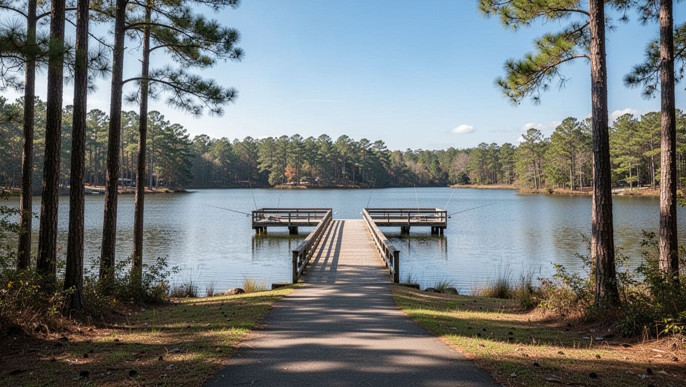 Serene daytime landscape of Frank Jackson State Park in Covington County, Alabama, featuring a lake with fishing pier, pine trees under blue sky, centered park path, and top 'Local Attractions' headline banner.