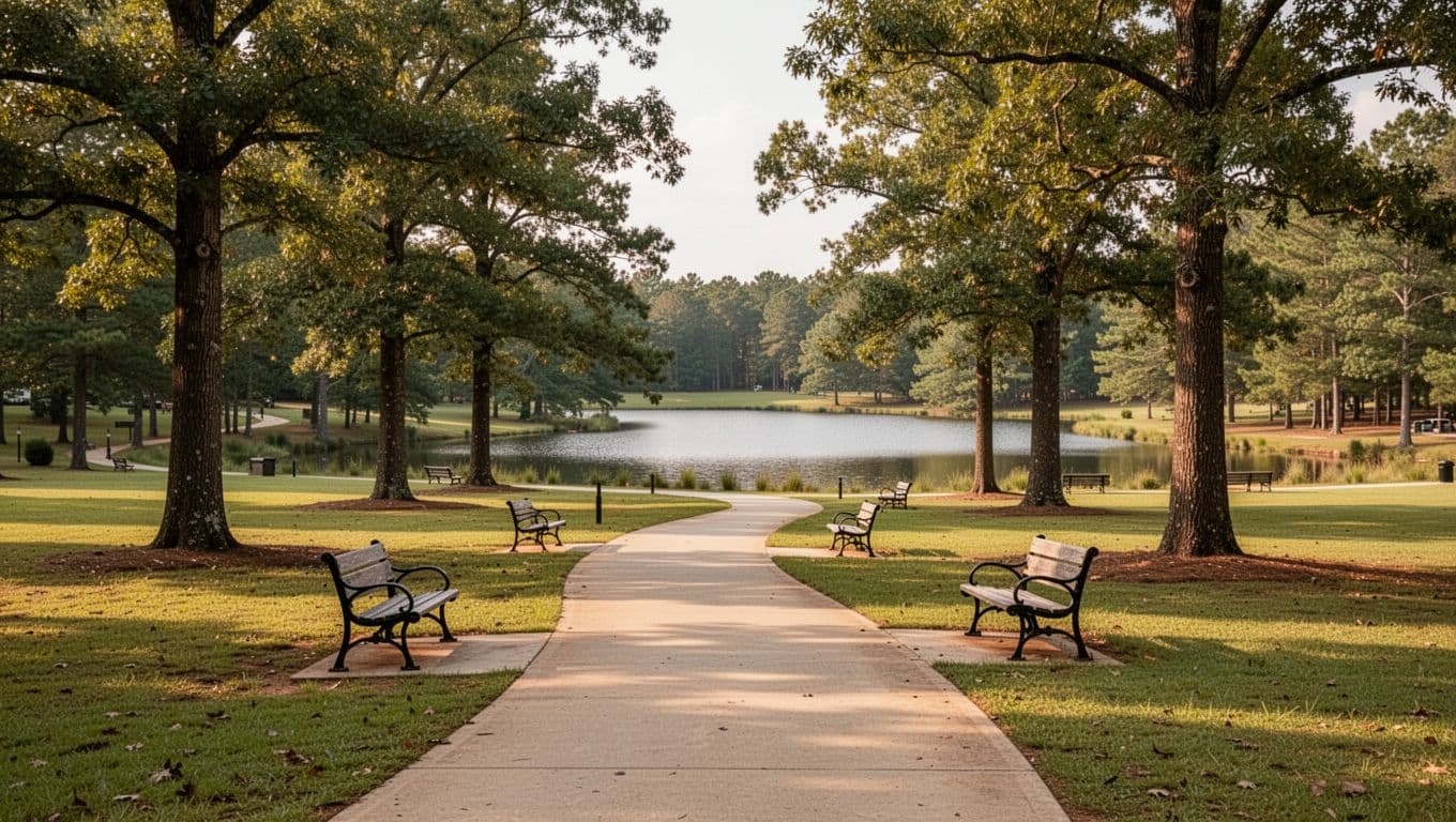 Scenic green park in rural Alabama's Franklin County features a paved walking trail, benches, trees, and a small lake in the background under warm daylight. Wide landscape composition centered on a winding path inviting exploration, in a bold branded editorial style with edge-to-edge green color band and 'Nearby Parks' headline.