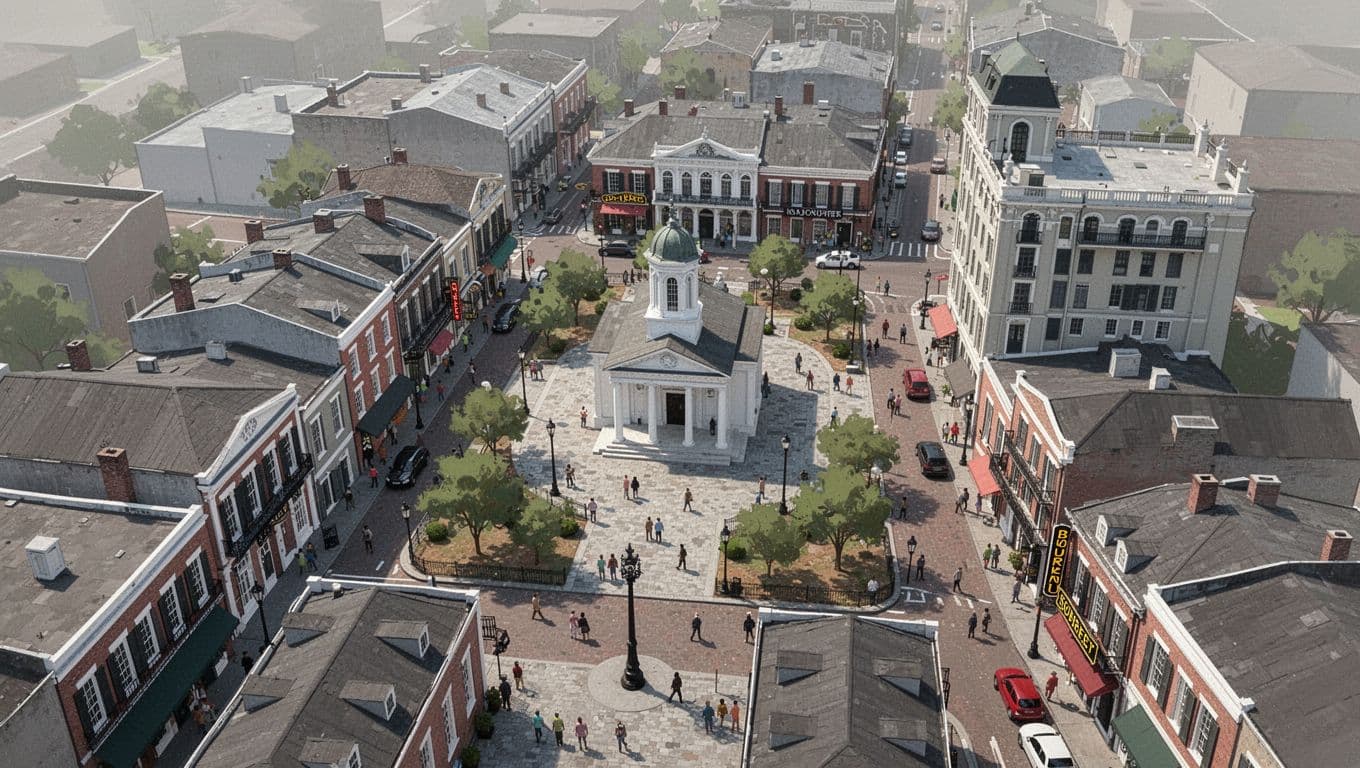 Illustrative daytime aerial map of French Quarter highlighting Jackson Square, Bourbon Street, nearby hotels, and walking paths in a compact walkable area with 'Booking Smart' branding.
