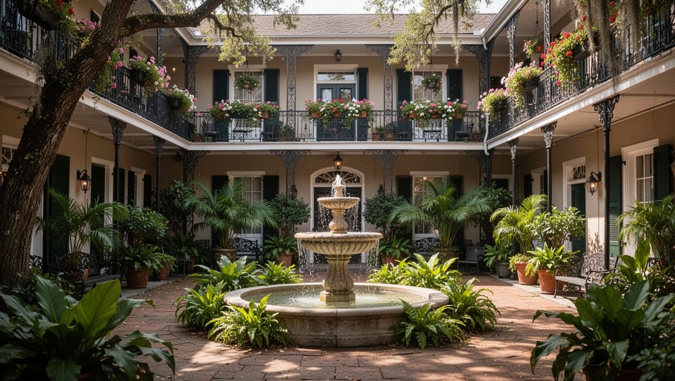 Realistic photo of a boutique hotel courtyard in New Orleans French Quarter with central fountain, surrounding plants, flower-adorned upper balconies, soft daylight through trees, inviting relaxed vibe, no people. Bold branded 'Mid-Range Stays' headline on top green band.