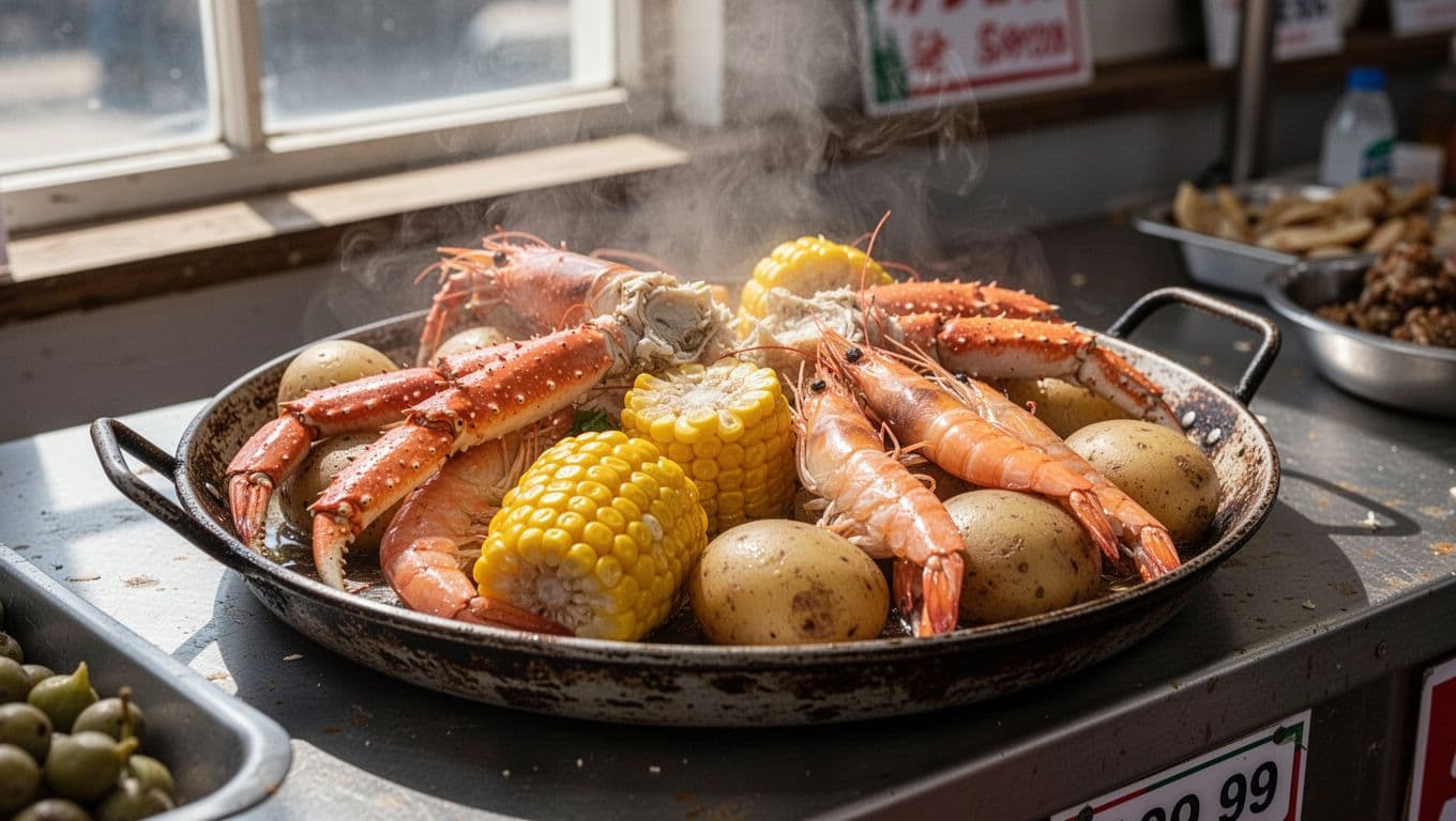 Steamed crab legs, shrimp, corn, and potatoes on a market tray under green 'Fresh Catch' headline band.