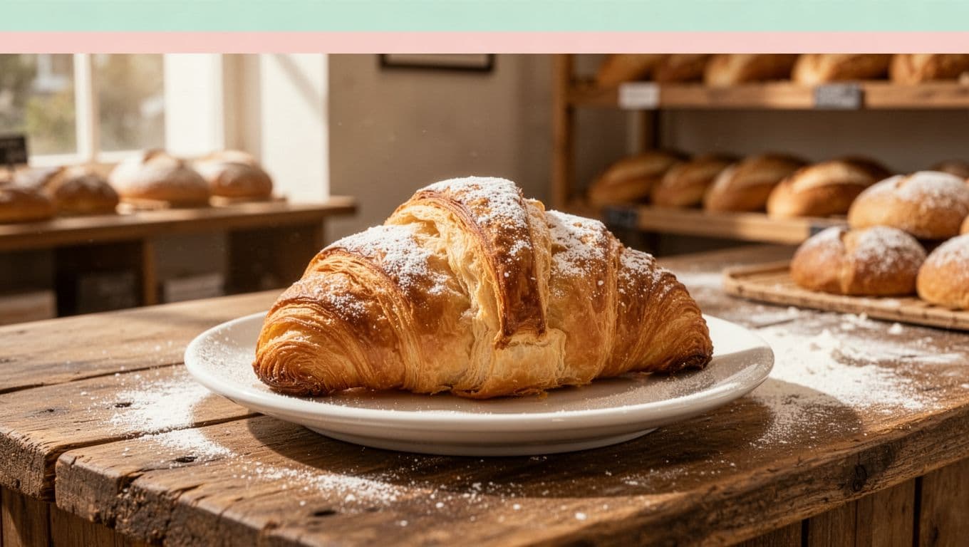 Fresh croissant with golden flaky layers and powdered sugar on white plate on rustic wooden counter in cozy bakery with faint bread shelves.