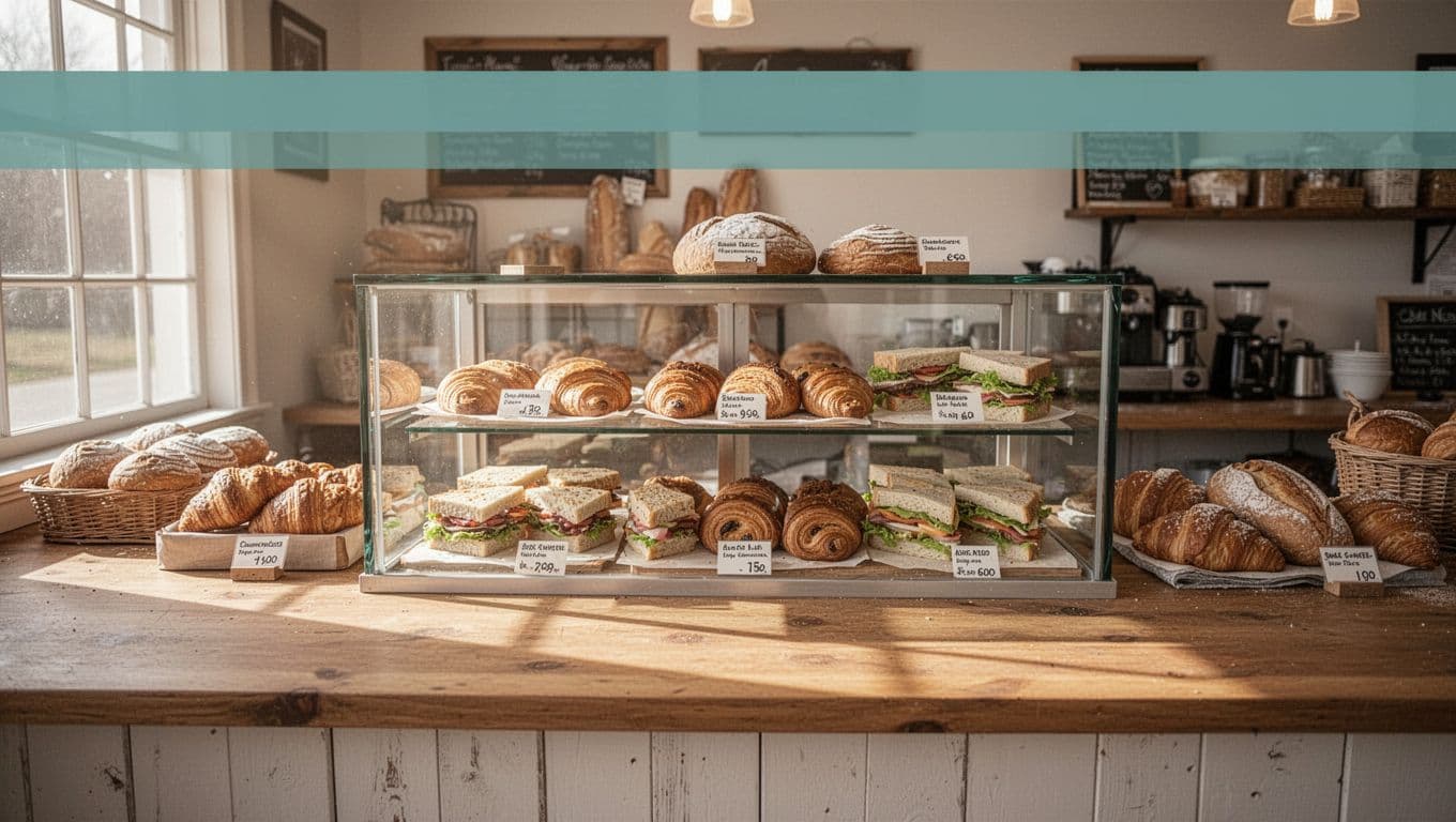 Bakery counter with centered display case of fresh pastries and sandwiches in soft morning light, green 'Fresh Eats' band at top.