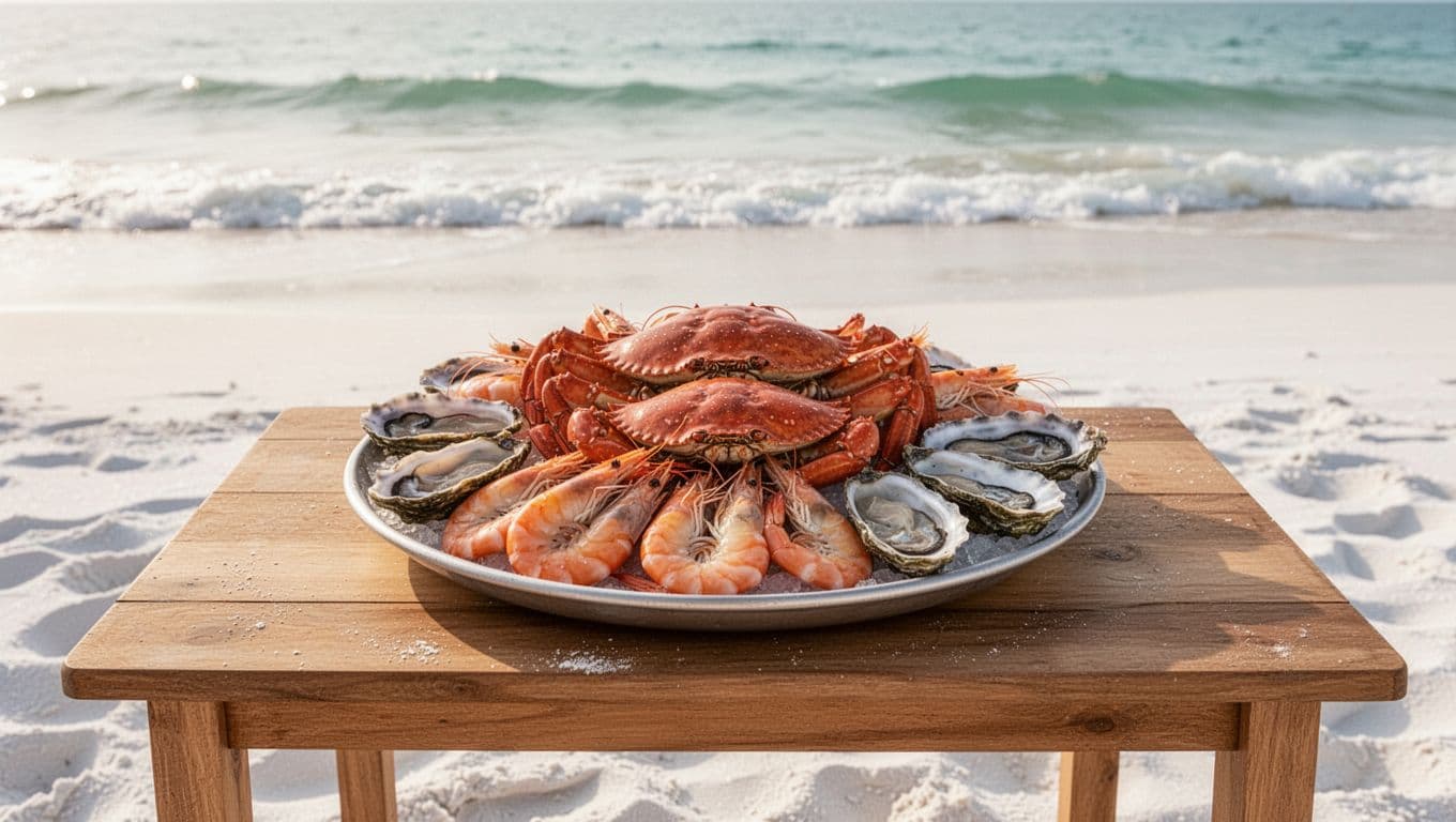 Fresh gulf seafood platter with shrimp, crab, and oysters on a beachside table near white sand beach and ocean waves, bright natural daylight.