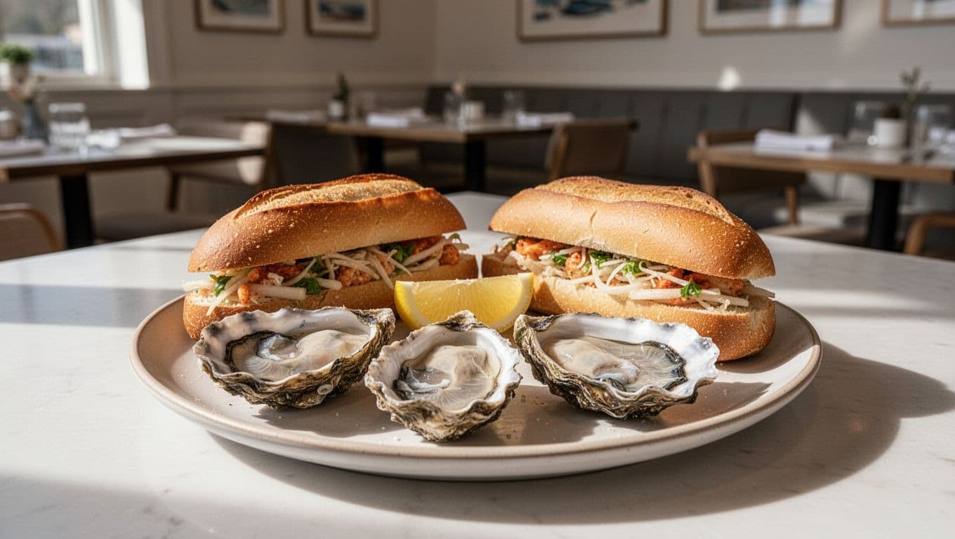 Fresh raw oysters on half shells with lemon wedges and po'boy sandwich on a plate in Half Shell Oyster House, Pelham, Alabama, featuring a bold 'Seafood Fix' headline on a green band.