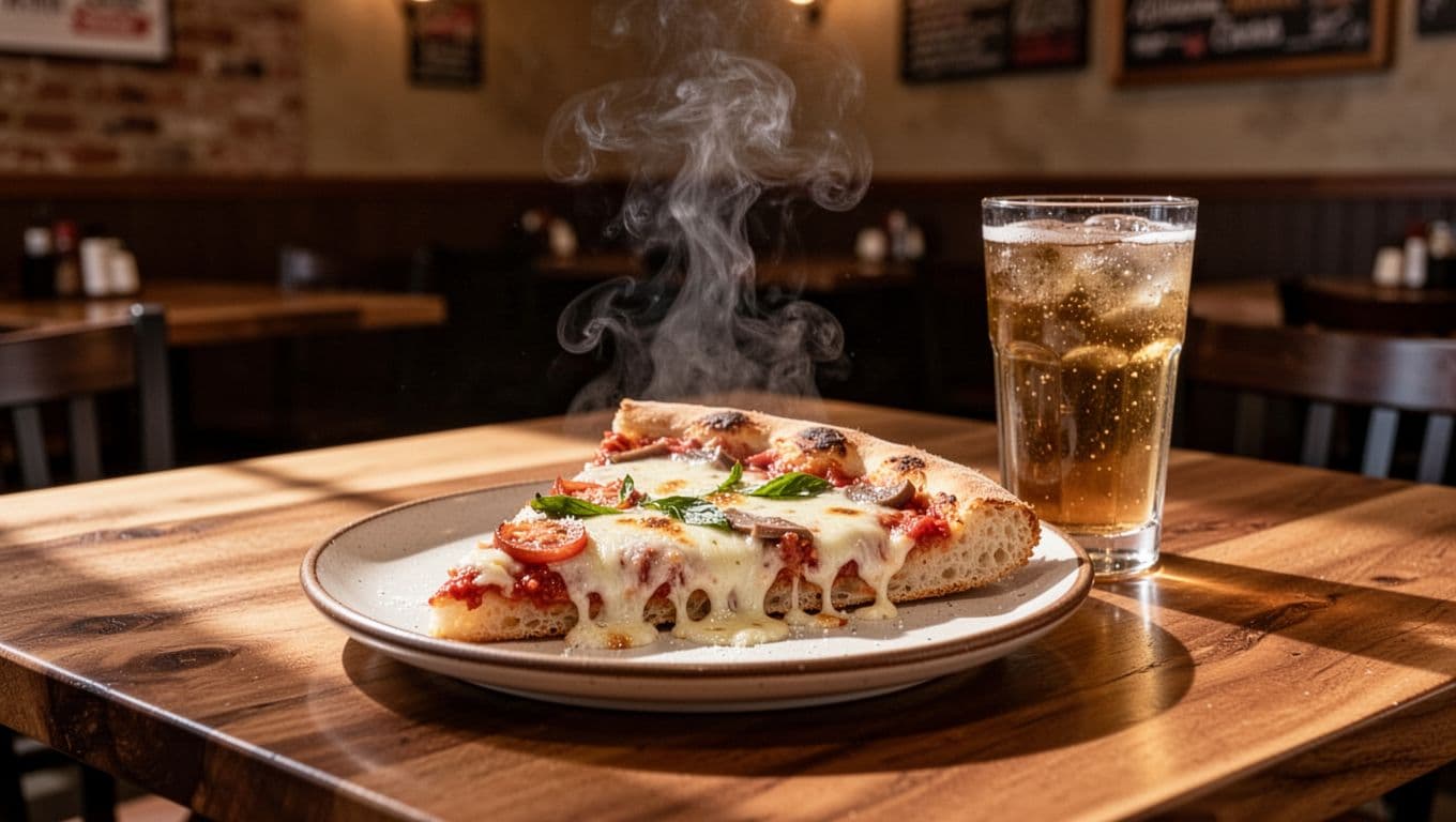 Pizza slice with toppings on plate, drink glass on wooden table in cozy Alabama pizzeria interior, steam rising, green Pizza Picks headline band at top.