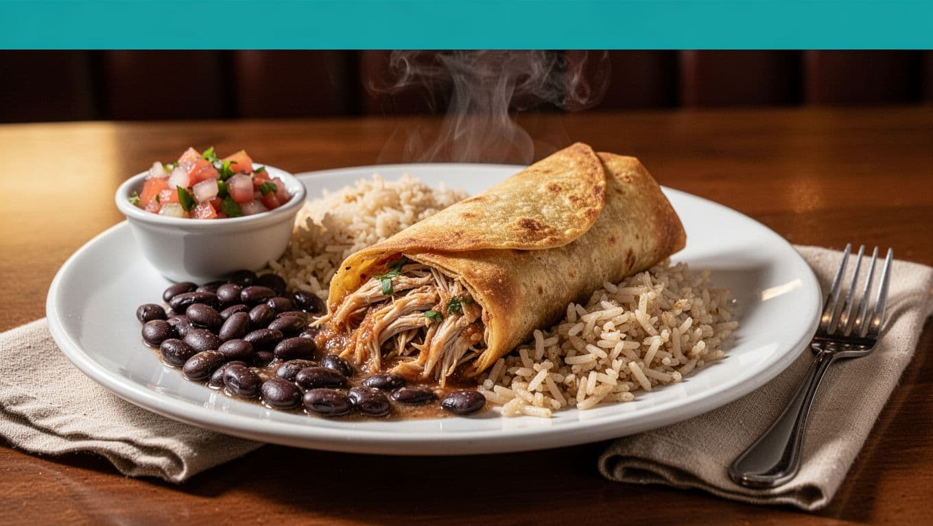 Green 'Fresh Plates' band above closeup steaming chicken chimichanga on white plate with rice, beans, salsa bowl, napkin, fork.