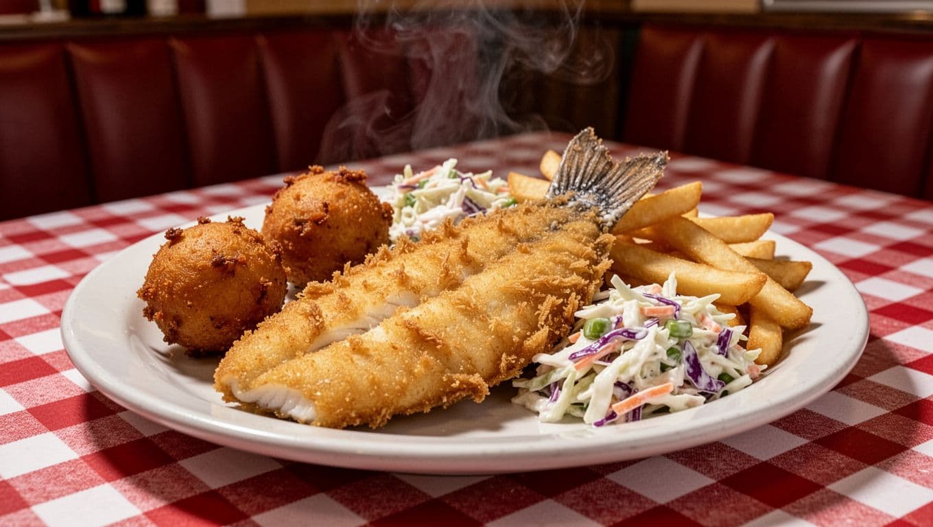 Plate of golden fried catfish fillets, hushpuppies, coleslaw, and fries on checkered tablecloth with steam and top 'Menu Stars' green banner.