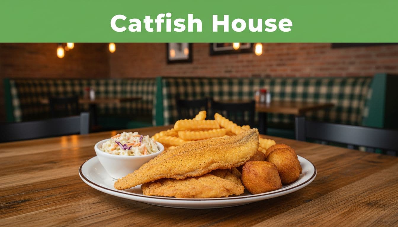 Fried catfish platter with hushpuppies, coleslaw, and fries on wooden table in cozy Southern restaurant under green Catfish House banner.