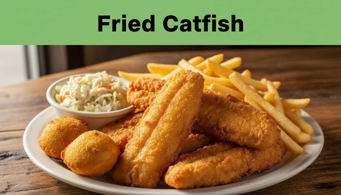 Plate of fried catfish fillets with hushpuppies, coleslaw, and fries on wooden table below green 'Fried Catfish' headline band.
