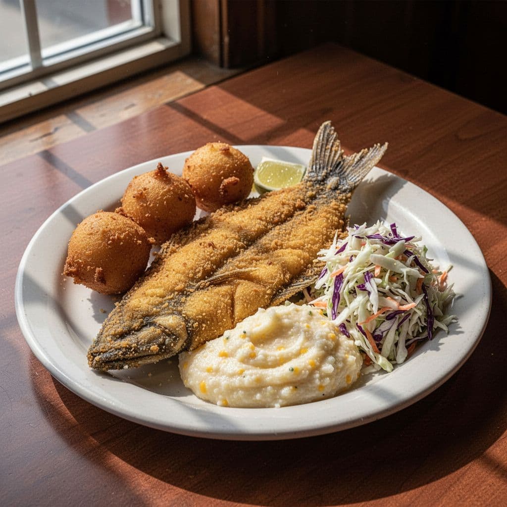 Fried catfish platter with hushpuppies, coleslaw, and cheese grits on a centered plate at a Southern seafood restaurant table.