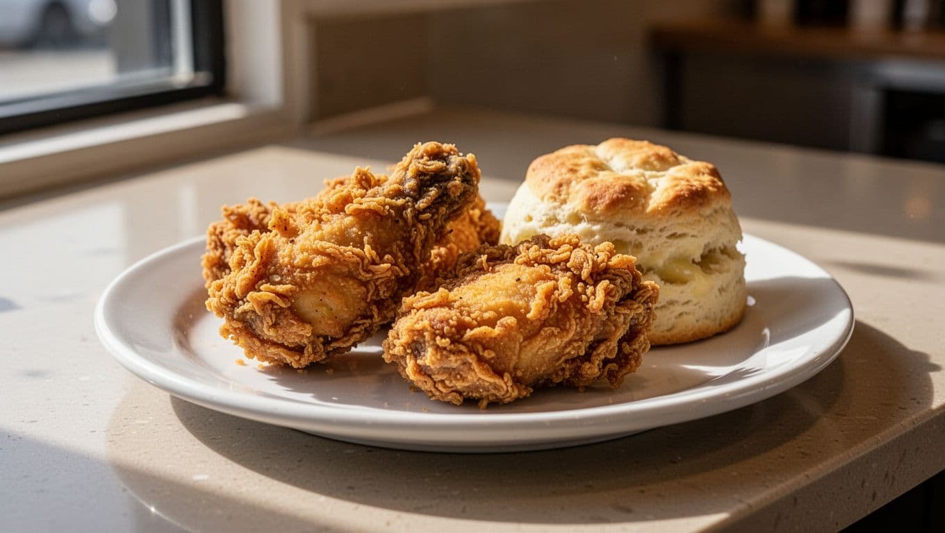 Green band with 'Fried Chicken Fix' headline above closeup of golden fried chicken pieces and biscuit on plain plate.