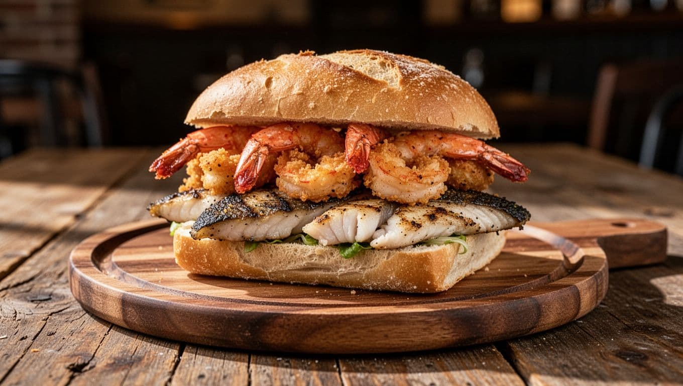 Fried royal red shrimp and triggerfish sandwich on wooden platter on rustic table with GRILL STANDOUT headline on green top band.