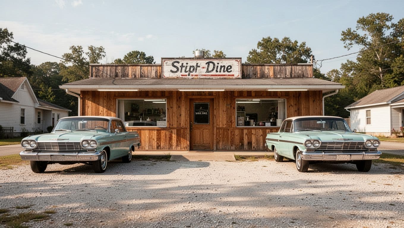 Wood-paneled Frosty Front diner with sign over door, two vintage cars on sunny gravel lot, green 'Frosty Front' headline band at top.