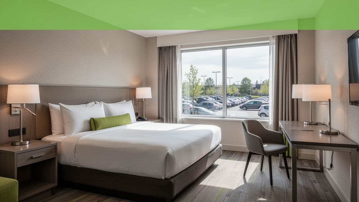 Clean modern hotel room interior branded with 'Fultondale Stays' headline on a green band, featuring a king bed, desk, window view of parking lot, neutral tones, and natural light.