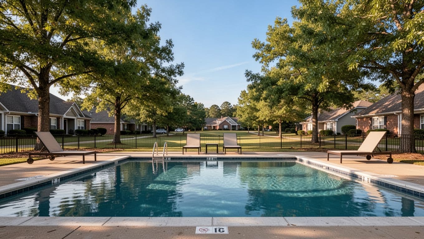 Poolside at a mid-range hotel in Gadsden, Alabama area, with lounge chairs around an outdoor pool, trees, sky, and a relaxed summer vibe in natural afternoon light. Photorealistic centered wide shot featuring exactly one empty pool and two lounge chairs.