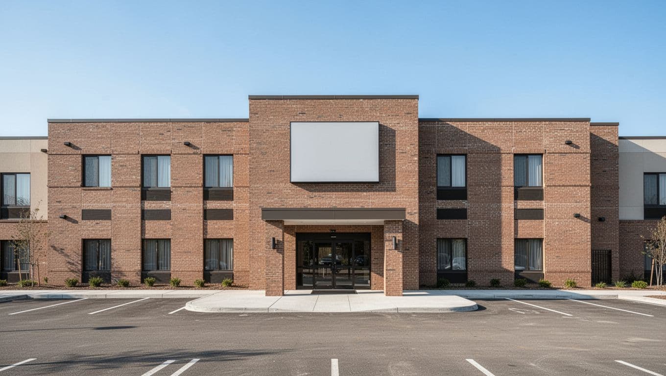 Modern brick hotel exterior resembling Hampton Inn in Gadsden Alabama with parking lot under clear blue sky and bold TOP CHOICE headline in green band. Realistic wide-angle front view in bright daylight no people no cars.