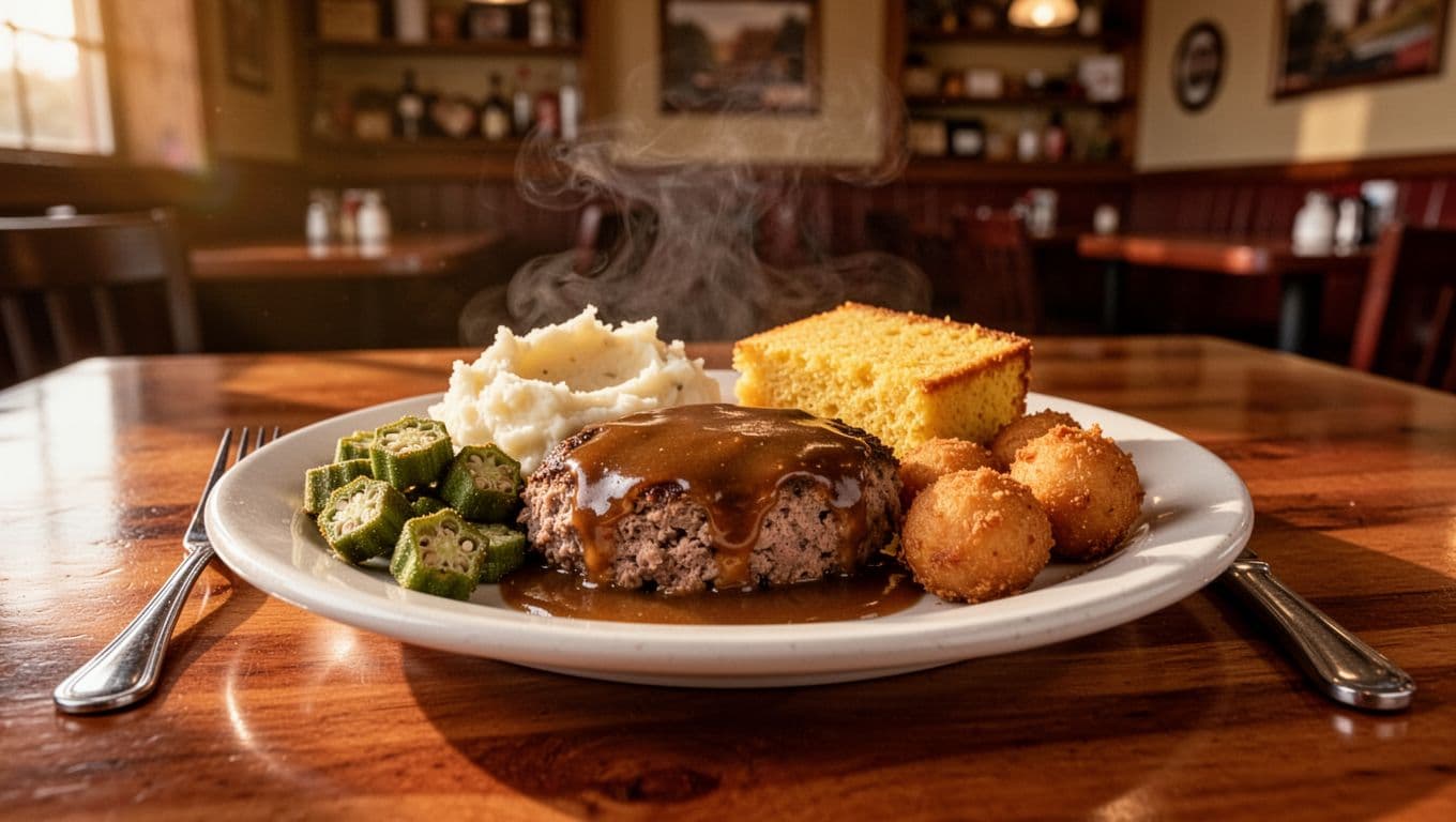 Green top band displays 'Galen's Top Pick' above steaming plate of meatloaf with gravy, fried okra, mashed potatoes, cornbread, and hushpuppies on wooden table in cozy diner.
