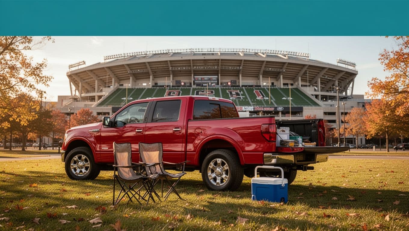 Top green header band with bold white 'Game Day Tips' text over a realistic autumn afternoon photo of a tailgate setup outside Bryant-Denny Stadium, featuring one red pickup truck, two chairs, and a cooler on the grass with the stadium entrance in the background.