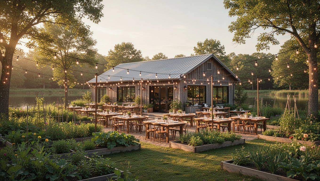 Serene farm-to-table restaurant exterior with lush green gardens, lake view, and wooden patio tables set for outdoor dining under string lights in golden hour light. Features a top green band with bold 'Garden Dining' headline.